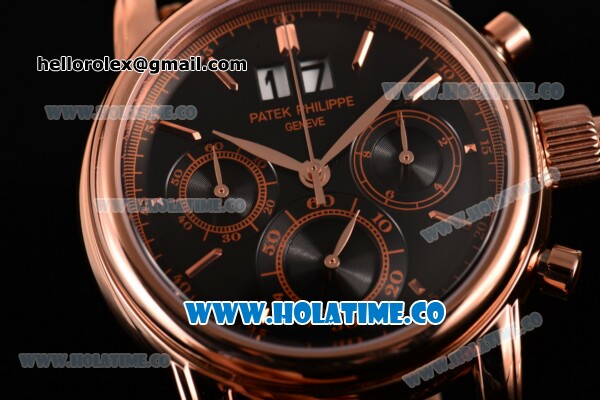 Patek Philippe Grand Complication Chrono Miyota OS20 Quartz Rose Gold Case with Black Dial and Rose Gold Stick Markers - Click Image to Close